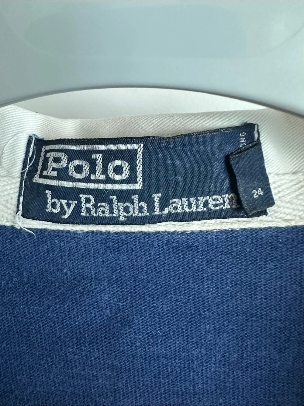 Vintage 1990’s Men’s Ralph Lauren Blue, Gray & White Striped Rugby Shirt